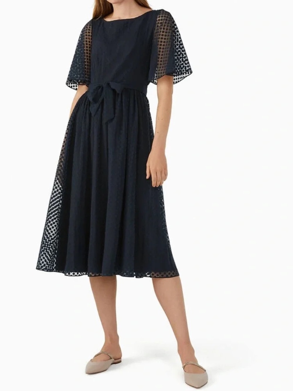 kate spade Navy Dot Mesh Midi Dress with Tie Waist